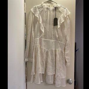 White, flower detailed high neck sheer mini dress